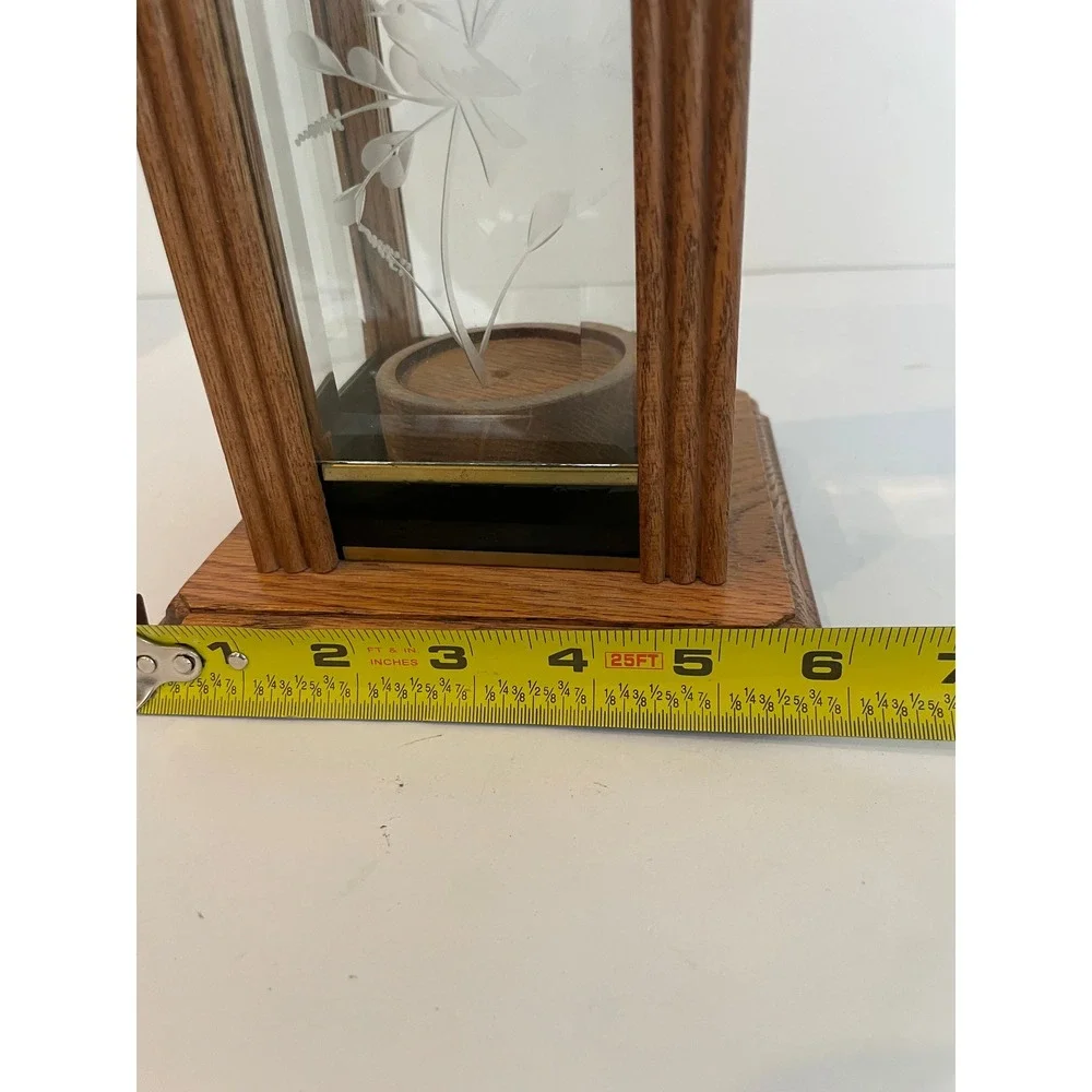 Vintage 80s Oak Wood Etched Glass Bird Lantern Tea Light Candle Holder Handmade
